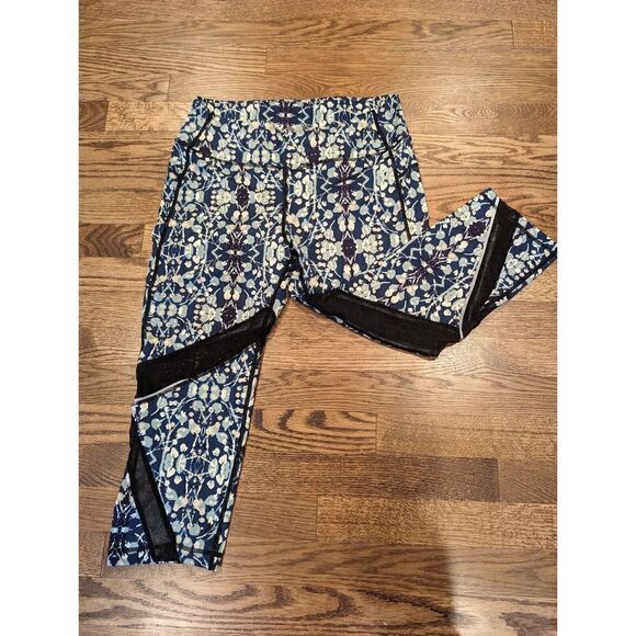 SHOACTIVE Printed High Rise Crop Leggings Capri Large Mesh Insert Yoga Running - Picture 1 of 11